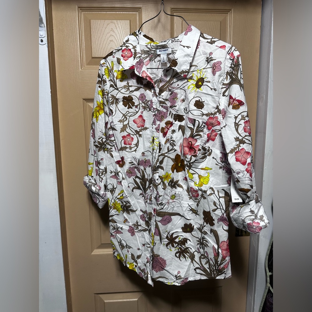 Old Navy Floral Print Shirt with Pink and Yellow Accents Sz Large
